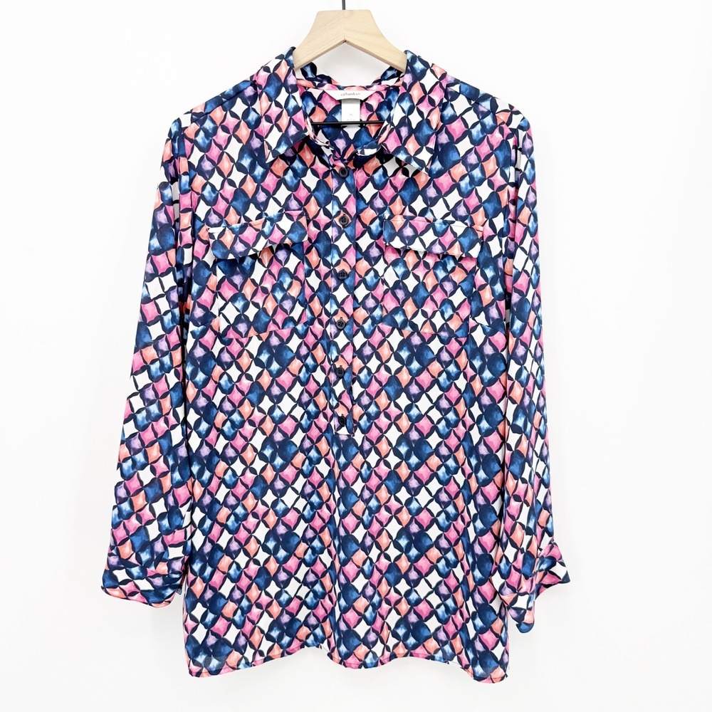 CJ Banks 1X Geometric Diamond Print Button Down Blouse Pink Blue Long Sleeve